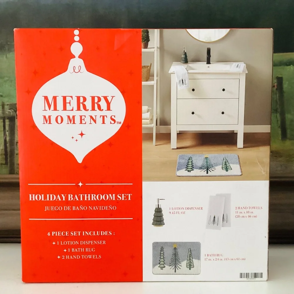 Merry Moments Holiday Bathroom Set 4pc Rug Towels Lotion Dispenser Christmas Dec